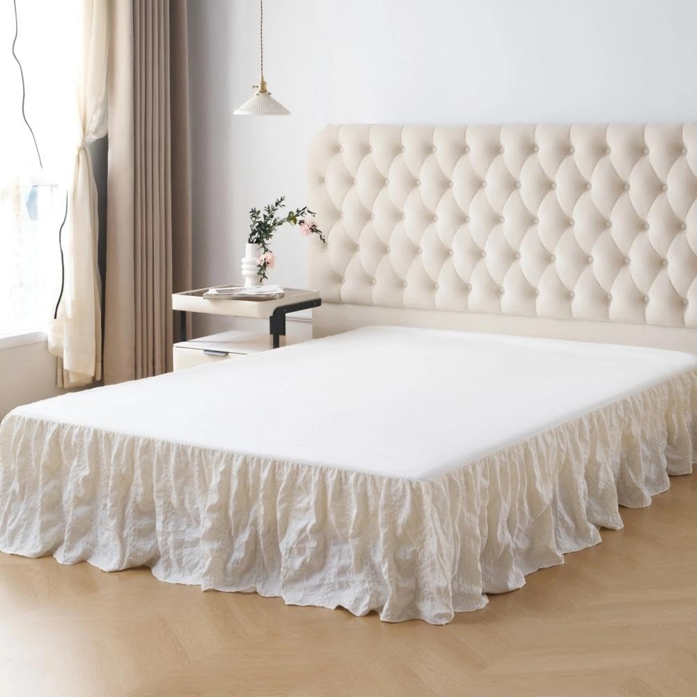 Full Bed Skirt, Crinkle Textured Stripe Bed Skirt with Platform, Ivory