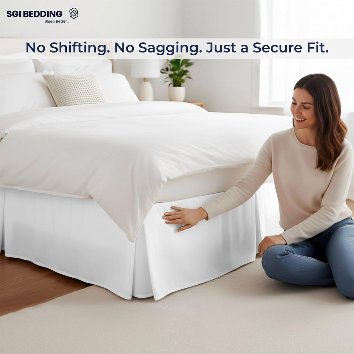 SGI Bedding 12 inch Drop Bed Skirt King Size - Platform Style with Secure Fit, Classic Tailored Look, Elegant Pleated Style Dust Ruffle, Split Corners, Wrinkle Resistant Microfiber - White
