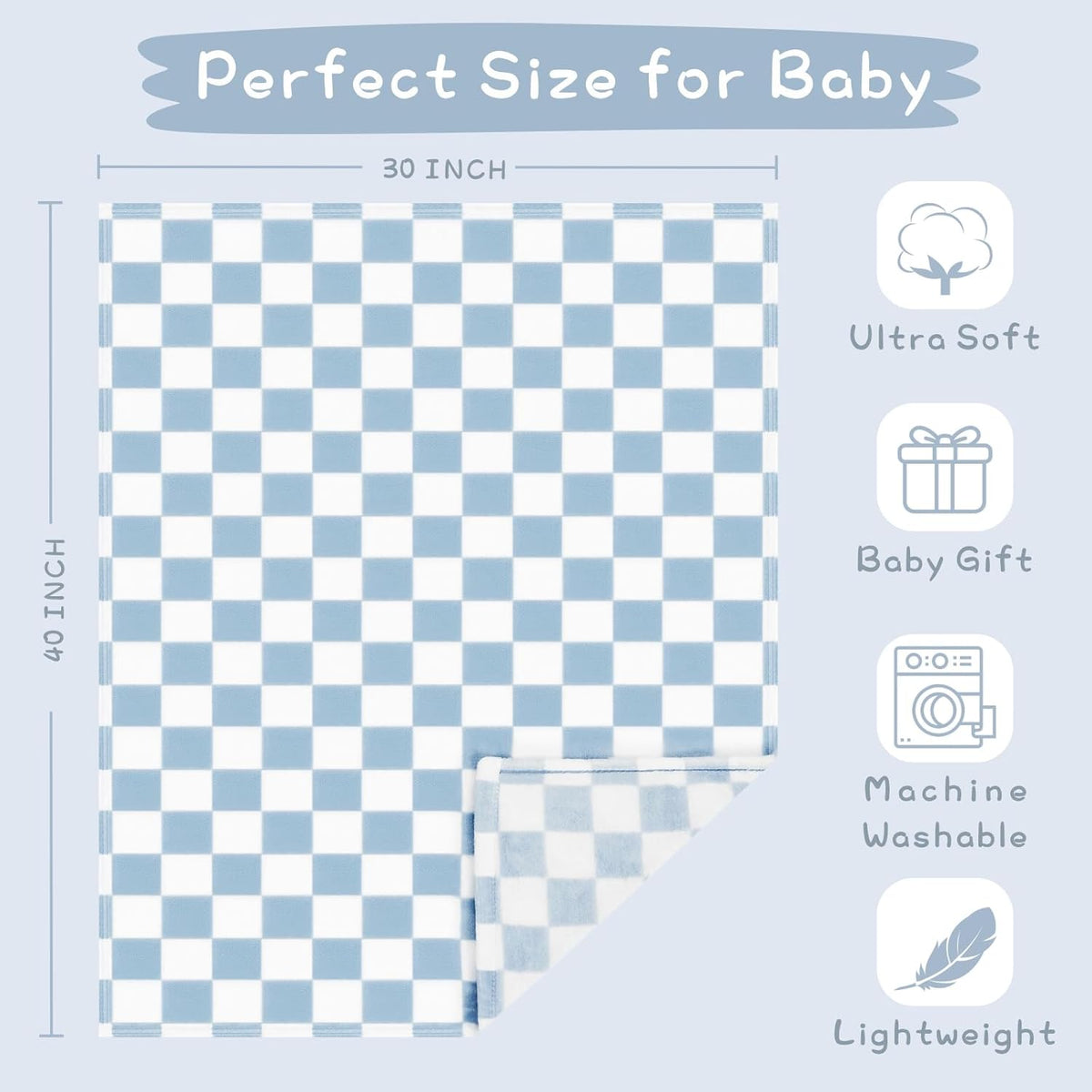 Yurhap Checkered Baby Blanket Fleece Baby Blankets for Boys, Ultra Soft Cozy Fluffy Infant Toddler Newborn Receiving Blankets for Crib Stroller, 30''x40'', Blue