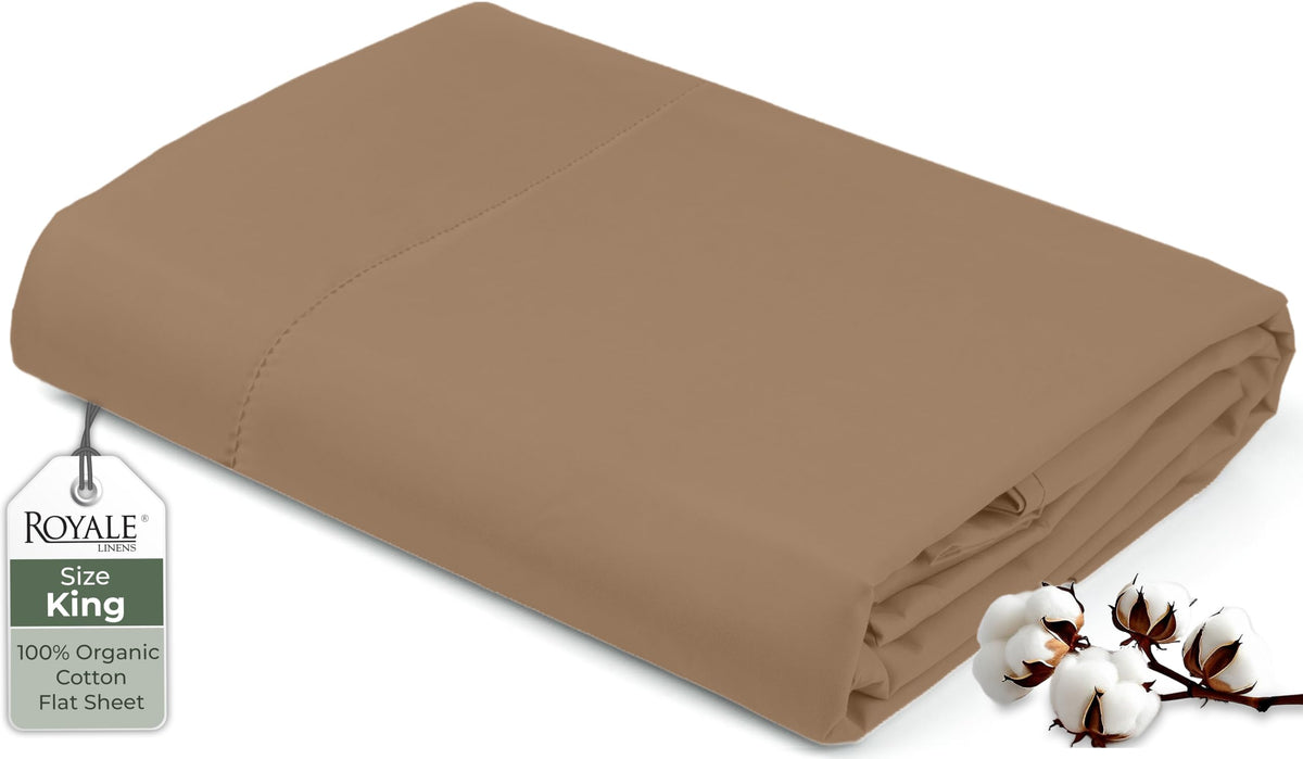 Royale Linens 100% Organic Cotton Queen Flat Sheet Only - Super Soft - Percale Top Sheets - Queen Flat Sheet Sold Separately - Breathable, Cool & Crisp White Sheets Only (90" x 102", White)