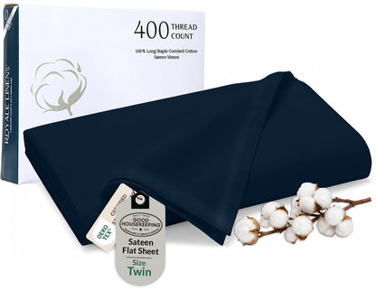 Royale Linens Queen Flat Sheet Only, Luxury Breathable Sateen Weave 100% Cotton Flat Sheets, Ultra Soft Single Flat Sheets Only Sold Separately, Cooling Top Sheet (Caribbean Blue-90x102)