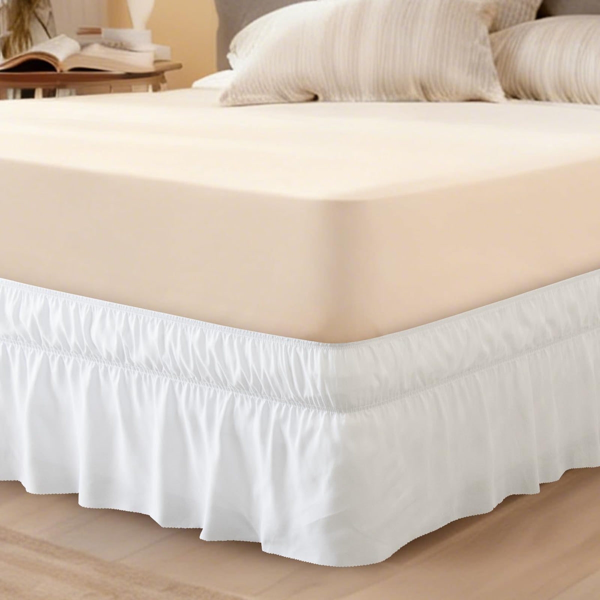 Queen Bed Skirt with Elastic Strap, Ruffle Bed Skirting Queen Size 16" Drop