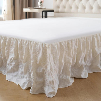 Full Bed Skirt, Crinkle Textured Stripe Bed Skirt with Platform, Ivory