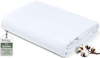 Royale Linens 100% Organic Cotton Queen Flat Sheet Only - Super Soft - Percale Top Sheets - Queen Flat Sheet Sold Separately - Breathable, Cool & Crisp White Sheets Only (90" x 102", White)