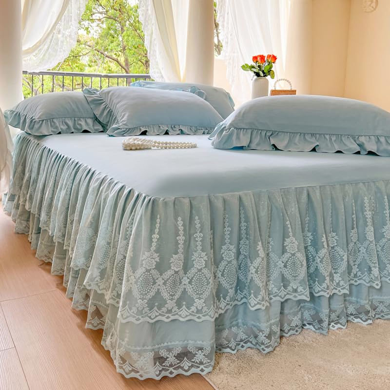 Lace Bed Skirt & Bedsheet Queen Size - 17 in. Drop, Easy Fit Ruffled Bedskirt Wrap Around Bedcover, Anti Wrinkle & Fade