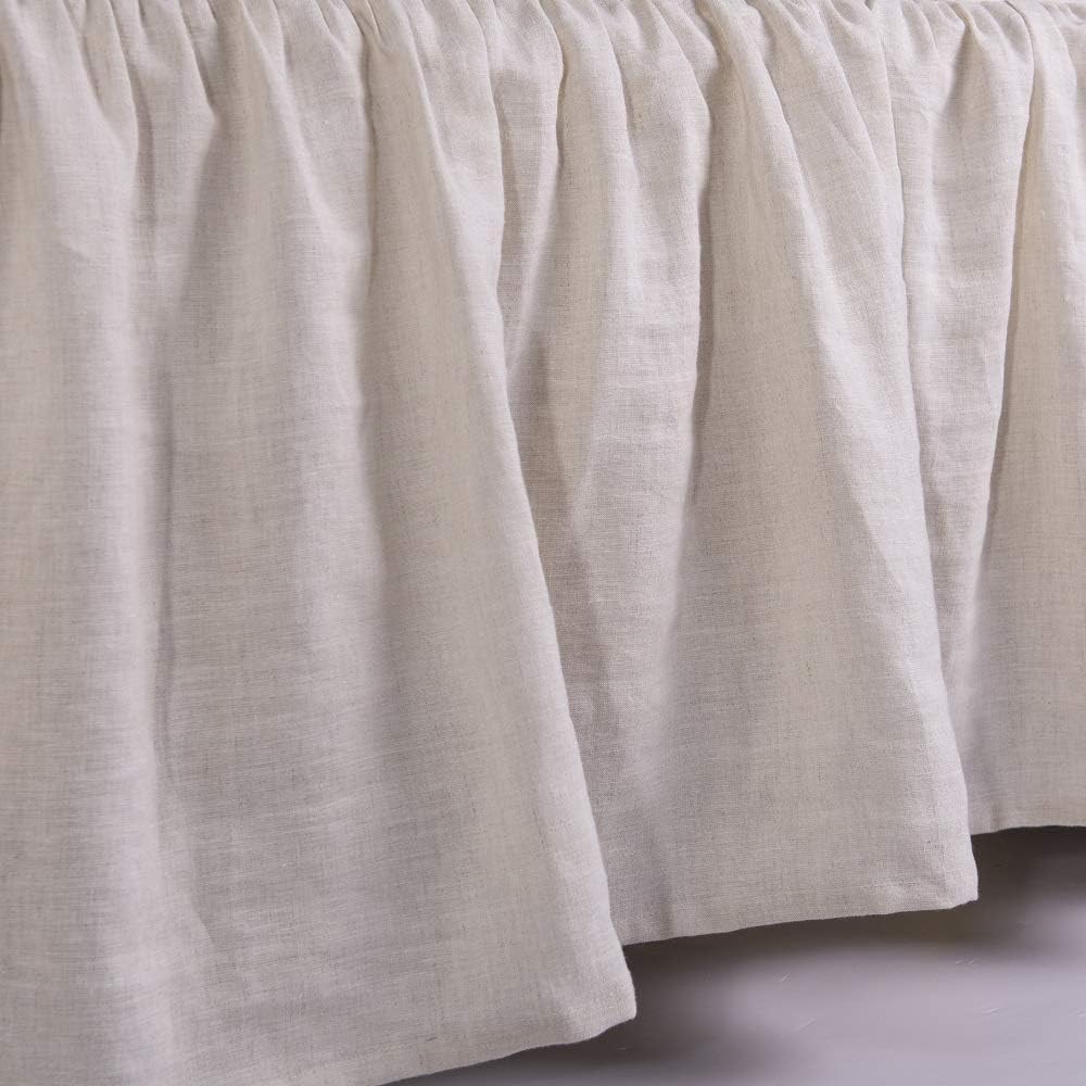 Meadow Park Washed French Linen Bed Skirt, Dust Ruffle, Queen Size 60" W x 80" L, Drop 16", Super Soft, Ruffle Style, Natural Linen Color.