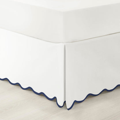 Lush Decor Coastal Chic Scalloped Edge Linen-Textured Bed Skirt Single, Queen Blue & White - White Bed Skirt Queen Size - Coastal Decor - Wrap Around Bed Skirt