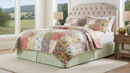 Barefoot Bungalow Coastal Life 100% Cotton Seersucker Gingham Bed Skirt, 15 in. L, Queen, Light Green