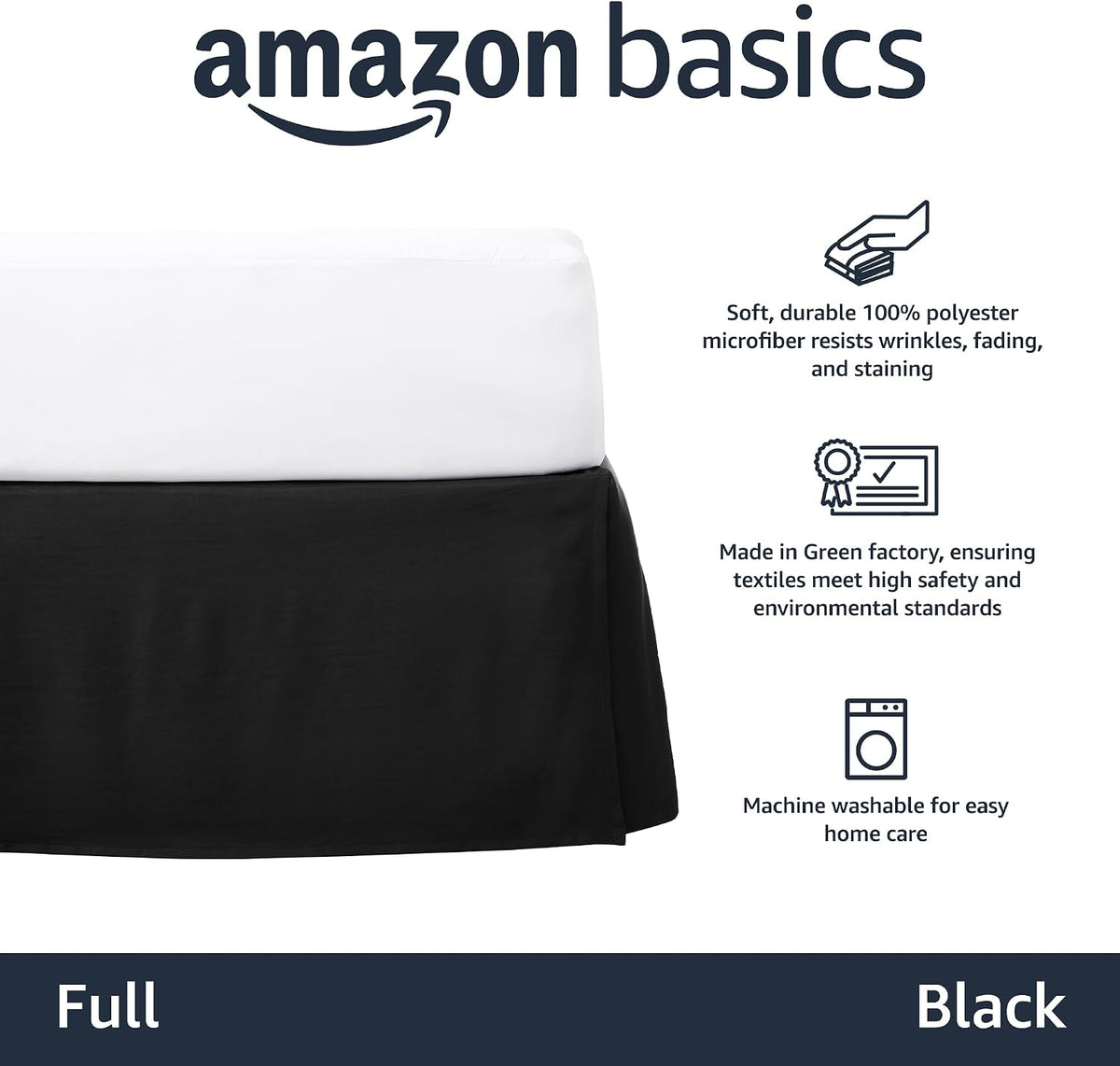Amazon Basics Lightweight Pleated Bed Skirt, Wrinkle Resistant, Machine Washable, Full, Black, Solid