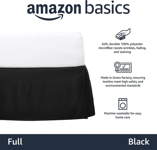 Amazon Basics Lightweight Pleated Bed Skirt, Wrinkle Resistant, Machine Washable, Full, Black, Solid