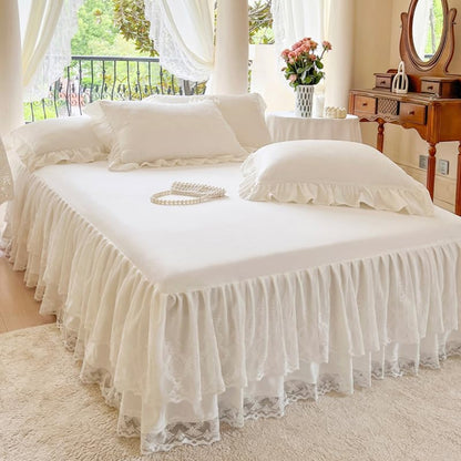 Lace Bed Skirt & Bedsheet Queen Size - 17 in. Drop, Easy Fit Ruffled Bedskirt Wrap Around Bedcover, Anti Wrinkle & Fade
