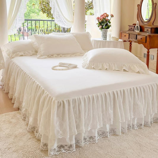 Lace Bed Skirt & Bedsheet Queen Size - 17 in. Drop, Easy Fit Ruffled Bedskirt Wrap Around Bedcover, Anti Wrinkle & Fade