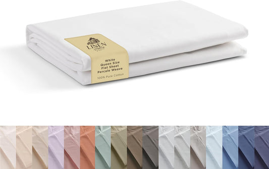 Linen Home Queen Size Flat Sheet Only 100% Cotton Percale, White