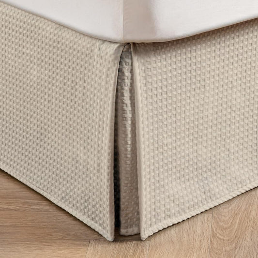 MIYE Pleated Waffle Weave Bed Skirt, Tailored Dust Ruffle 14 Inch Drop Easy Fit, Machine Washable,No Split Corners (Beige, King - 14" Drop)