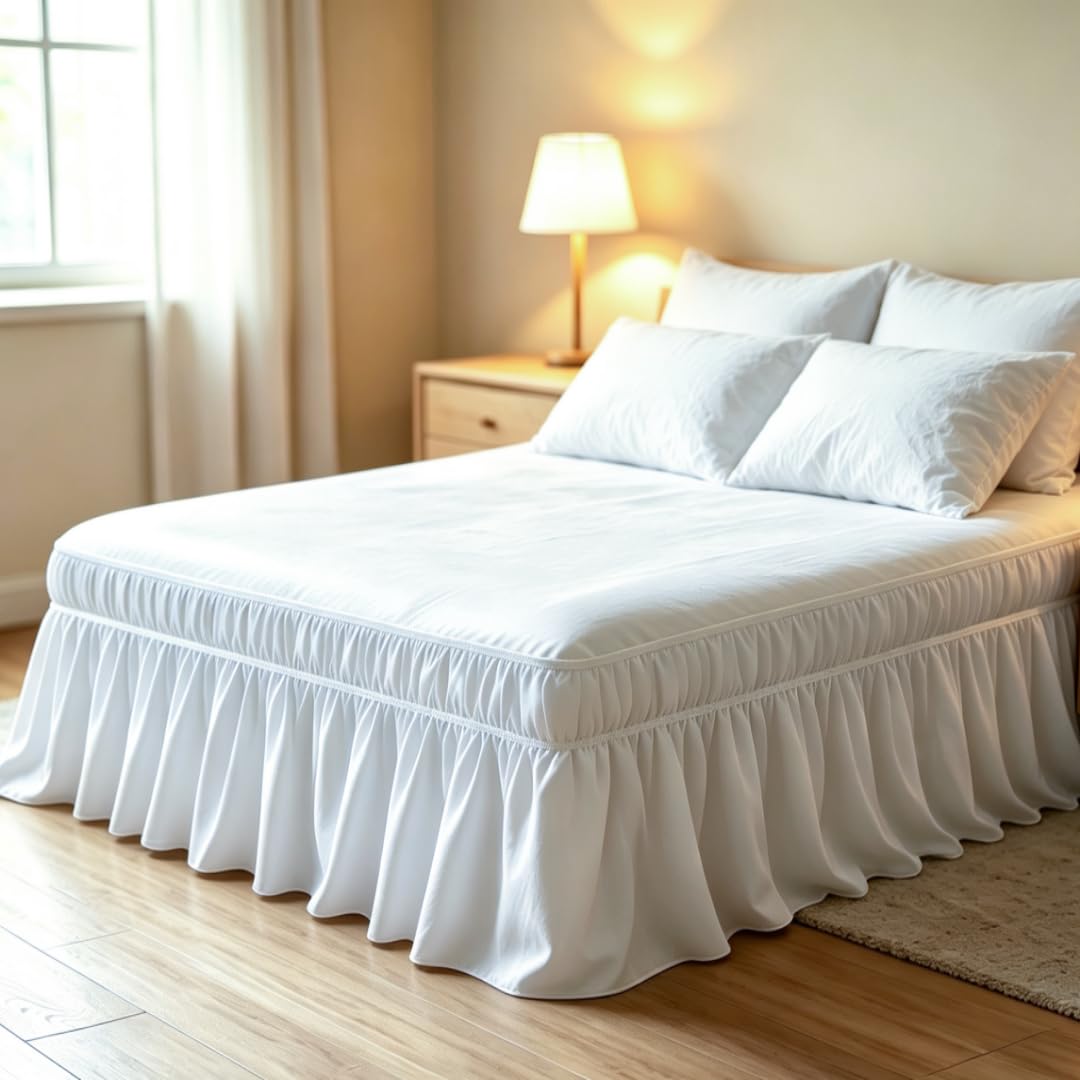 Juwenin Home Wrap Around Ruffle Bed Skirt, 16 Inch Drop, Elastic Fit, Wrinkle Resistant, Hotel Quality Bedskirt Dust Ruffle (White, Queen 16" Drop)