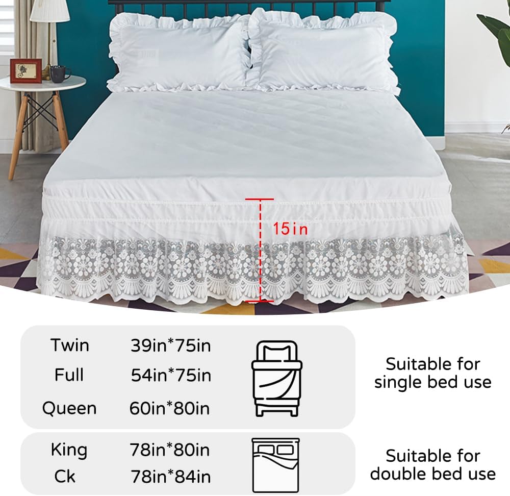 White Lace Bed Skirt for Queen Bed - 15in. Drop, Easy Fit Ruffle Bedskirt Wrap Around Bed Skirt, Anti Wrinkle & Fade Resistant