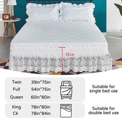 White Lace Bed Skirt for Queen Bed - 15in. Drop, Easy Fit Ruffle Bedskirt Wrap Around Bed Skirt, Anti Wrinkle & Fade Resistant