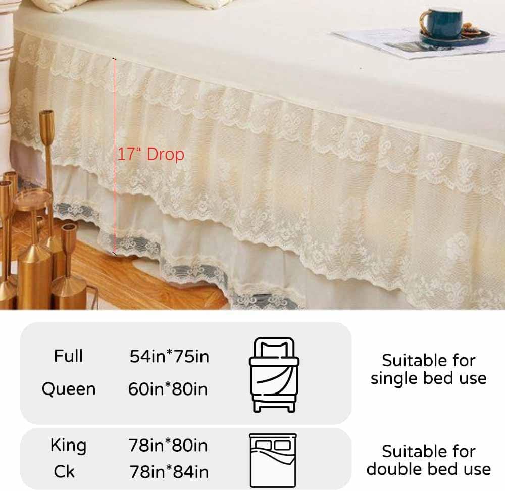 Double Lace Bed Skirt for Full Bed - 17in. Drop, Easy Fit Ruffle Bedskirt Wrap Around Bed Skirt, Anti Wrinkle & Fade Resistant