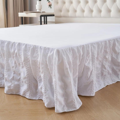 Full Bed Skirt, Crinkle Textured Stripe Bed Skirt with Platform, Ivory