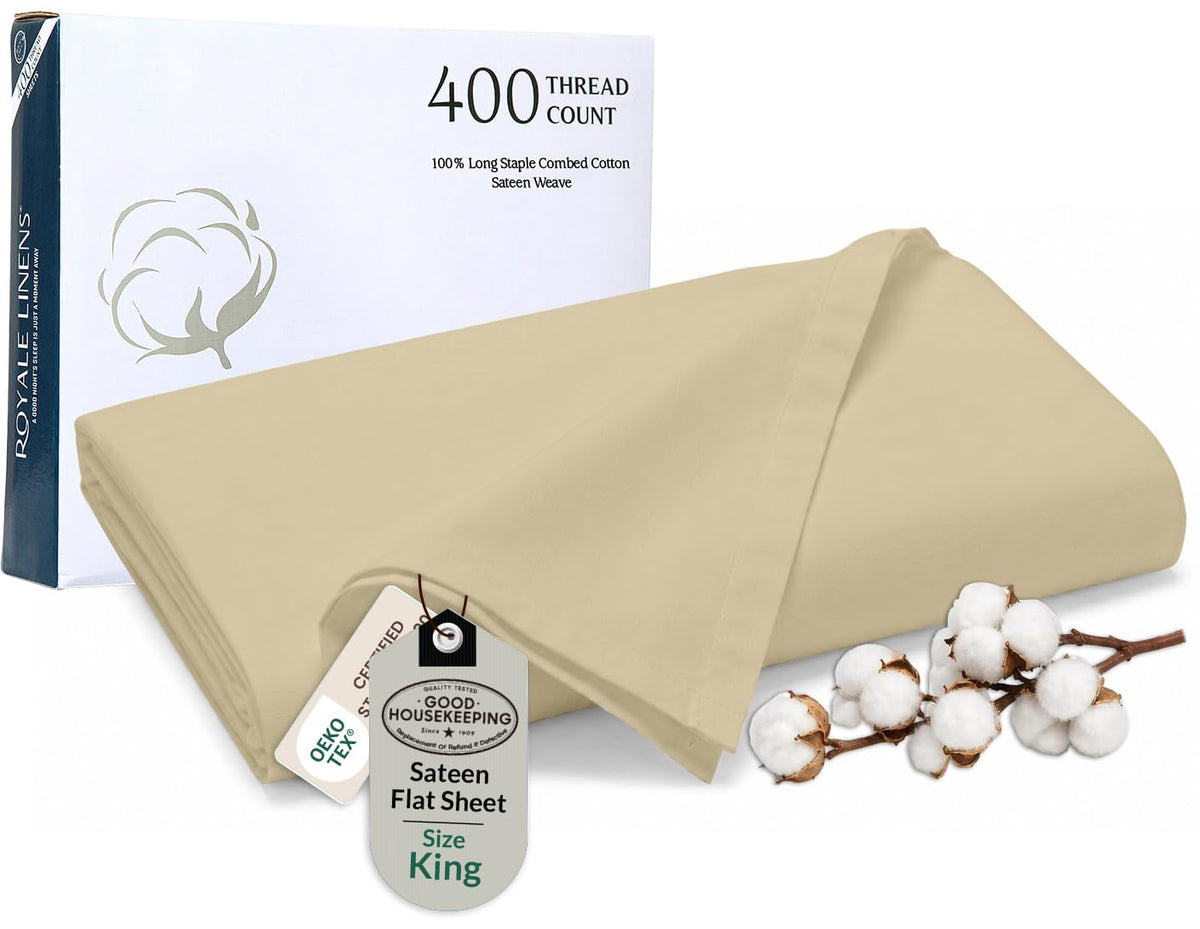 Royale Linens Queen Flat Sheet Only, Luxury Breathable Sateen Weave 100% Cotton Flat Sheets, Ultra Soft Single Flat Sheets Only Sold Separately, Cooling Top Sheet (Caribbean Blue-90x102)