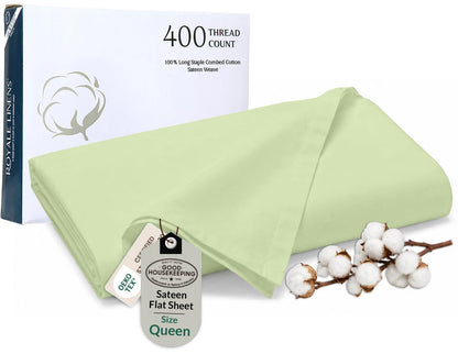 Royale Linens Queen Flat Sheet Only, Luxury Breathable Sateen Weave 100% Cotton Flat Sheets, Ultra Soft Single Flat Sheets Only Sold Separately, Cooling Top Sheet (Caribbean Blue-90x102)