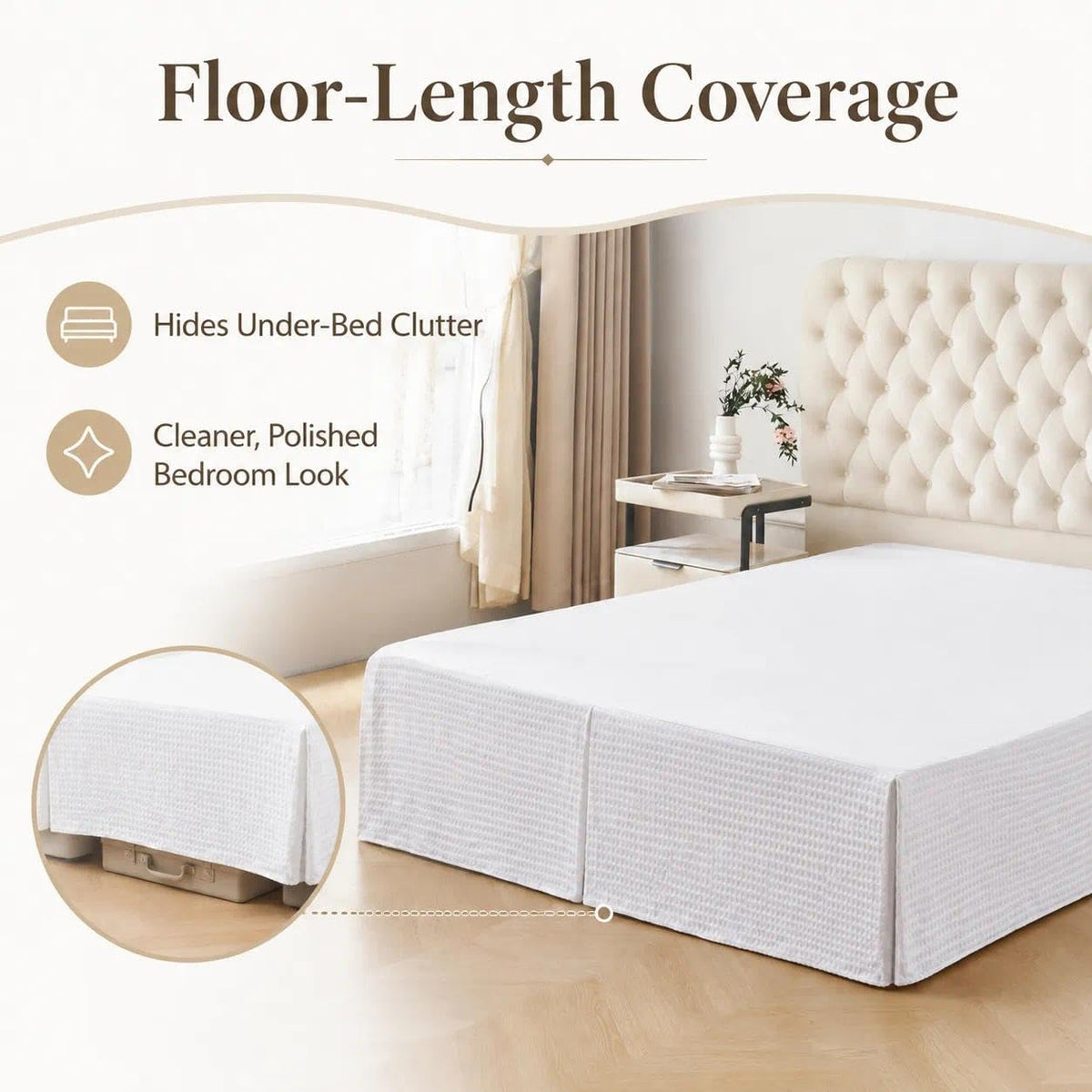 Queen Bed Skirt, White Dotted Jacquard Pleated Bed Skirt, 14 Inch Drop
