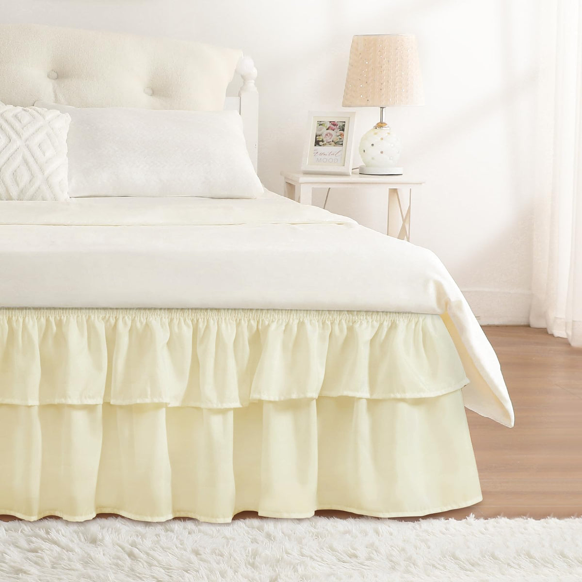 RIMELA Queen Size Ruffle Bed Skirt 16 Inch Drop - White Double Layered Wrap Around Dust Ruffle, Romantic Cute Design Bedskirt with High-Density Fabric, Soft Stretchy, Easy Install for Queen Bed