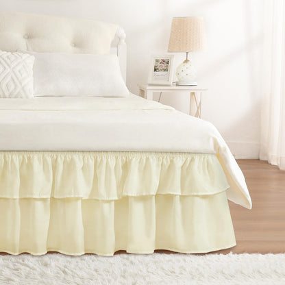 RIMELA Queen Size Ruffle Bed Skirt 16 Inch Drop - White Double Layered Wrap Around Dust Ruffle, Romantic Cute Design Bedskirt with High-Density Fabric, Soft Stretchy, Easy Install for Queen Bed