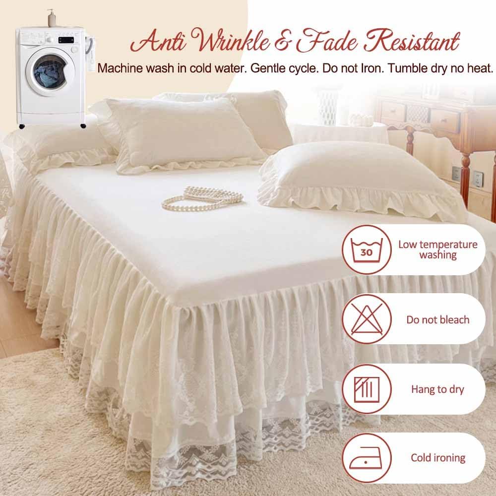Lace Bed Skirt & Bedsheet Queen Size - 17 in. Drop, Easy Fit Ruffled Bedskirt Wrap Around Bedcover, Anti Wrinkle & Fade