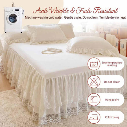 Lace Bed Skirt & Bedsheet Queen Size - 17 in. Drop, Easy Fit Ruffled Bedskirt Wrap Around Bedcover, Anti Wrinkle & Fade