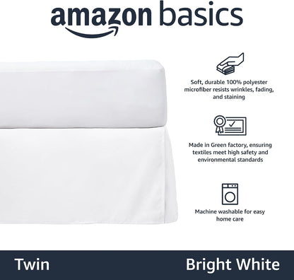 Amazon Basics Lightweight Pleated Bed Skirt, Twin, Bright White, Solid
