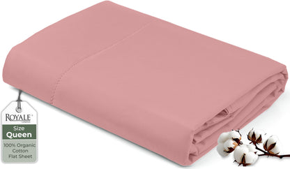 Royale Linens 100% Organic Cotton Queen Flat Sheet Only - Super Soft - Percale Top Sheets - Queen Flat Sheet Sold Separately - Breathable, Cool & Crisp White Sheets Only (90" x 102", White)
