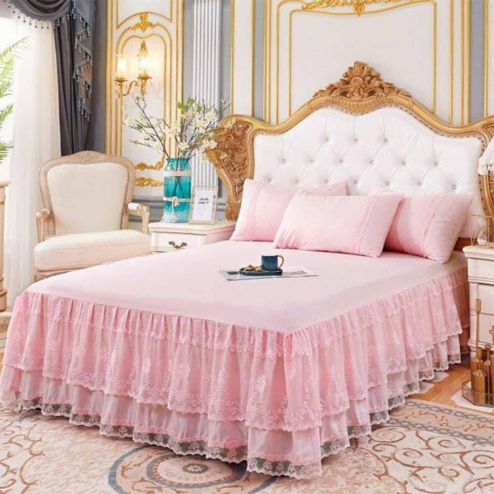 Double Lace Bed Skirt for Full Bed - 17in. Drop, Easy Fit Ruffle Bedskirt Wrap Around Bed Skirt, Anti Wrinkle & Fade Resistant