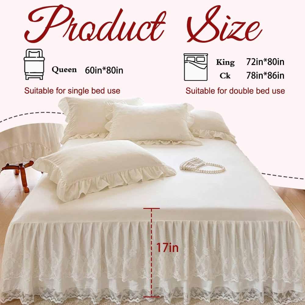 Lace Bed Skirt & Bedsheet Queen Size - 17 in. Drop, Easy Fit Ruffled Bedskirt Wrap Around Bedcover, Anti Wrinkle & Fade
