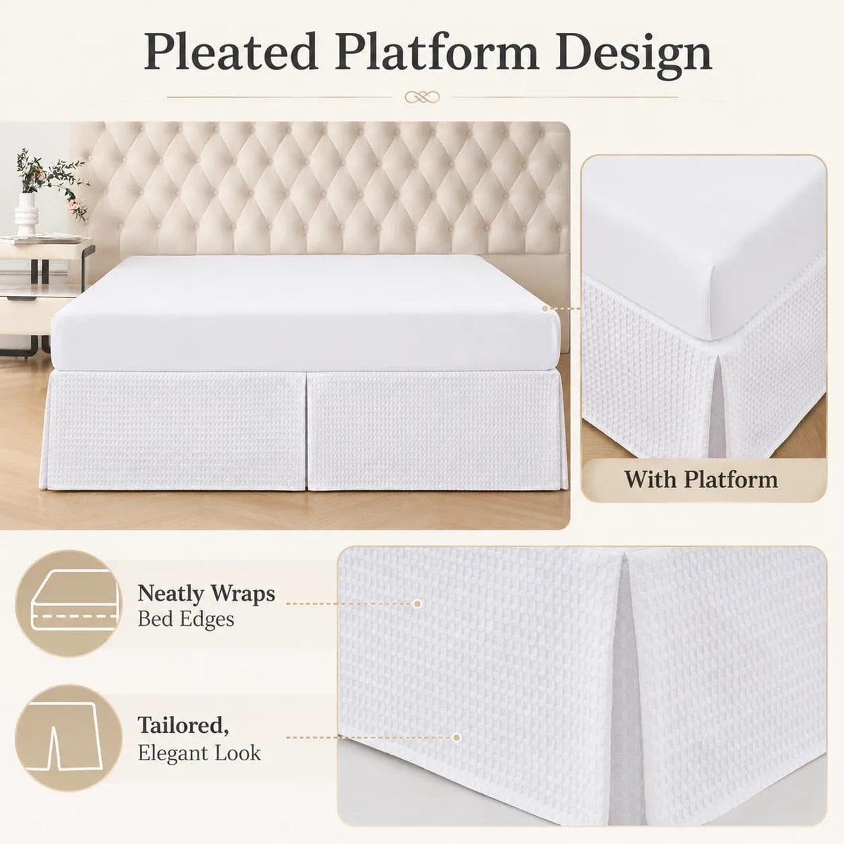 Queen Bed Skirt, White Dotted Jacquard Pleated Bed Skirt, 14 Inch Drop