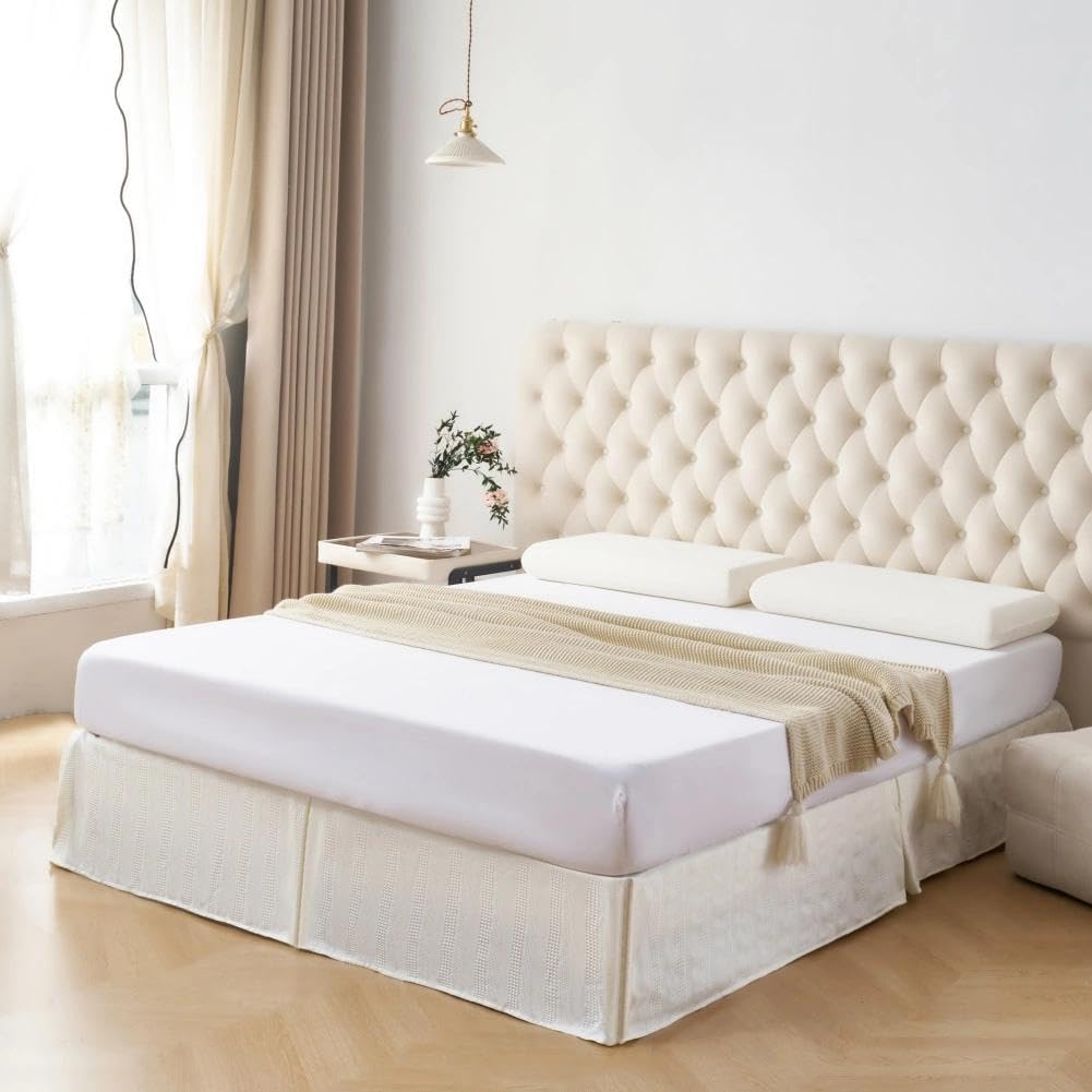 Queen Size Bed Skirt, Textured Geometric Stripe Pleated Bed Skirts, Ivory