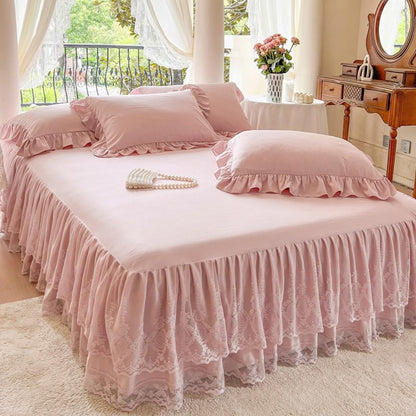 Lace Bed Skirt & Bedsheet Queen Size - 17 in. Drop, Easy Fit Ruffled Bedskirt Wrap Around Bedcover, Anti Wrinkle & Fade
