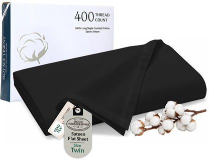 Royale Linens Queen Flat Sheet Only, Luxury Breathable Sateen Weave 100% Cotton Flat Sheets, Ultra Soft Single Flat Sheets Only Sold Separately, Cooling Top Sheet (Caribbean Blue-90x102)