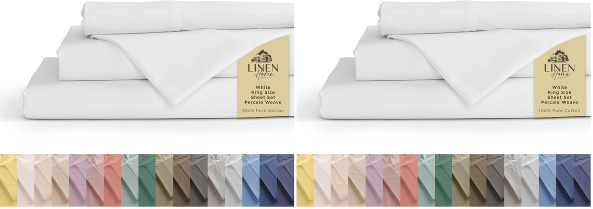 Linen Home 100% Cotton Percale Sheets Queen Size 4 Pc Cooling Set - White