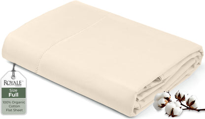 Royale Linens 100% Organic Cotton Queen Flat Sheet Only - Super Soft - Percale Top Sheets - Queen Flat Sheet Sold Separately - Breathable, Cool & Crisp White Sheets Only (90" x 102", White)