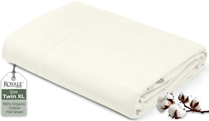 Royale Linens 100% Organic Cotton Queen Flat Sheet Only - Super Soft - Percale Top Sheets - Queen Flat Sheet Sold Separately - Breathable, Cool & Crisp White Sheets Only (90" x 102", White)