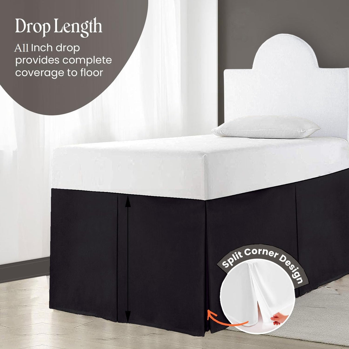 Crown Collection Full XL 32" Inch Drop Long Dorm Bed Skirt, Split Corner & Box Plated College Dorm Room Bed Skirts, Split Corner, Easy Care, No Wrinkle Microfiber Bed Skirt