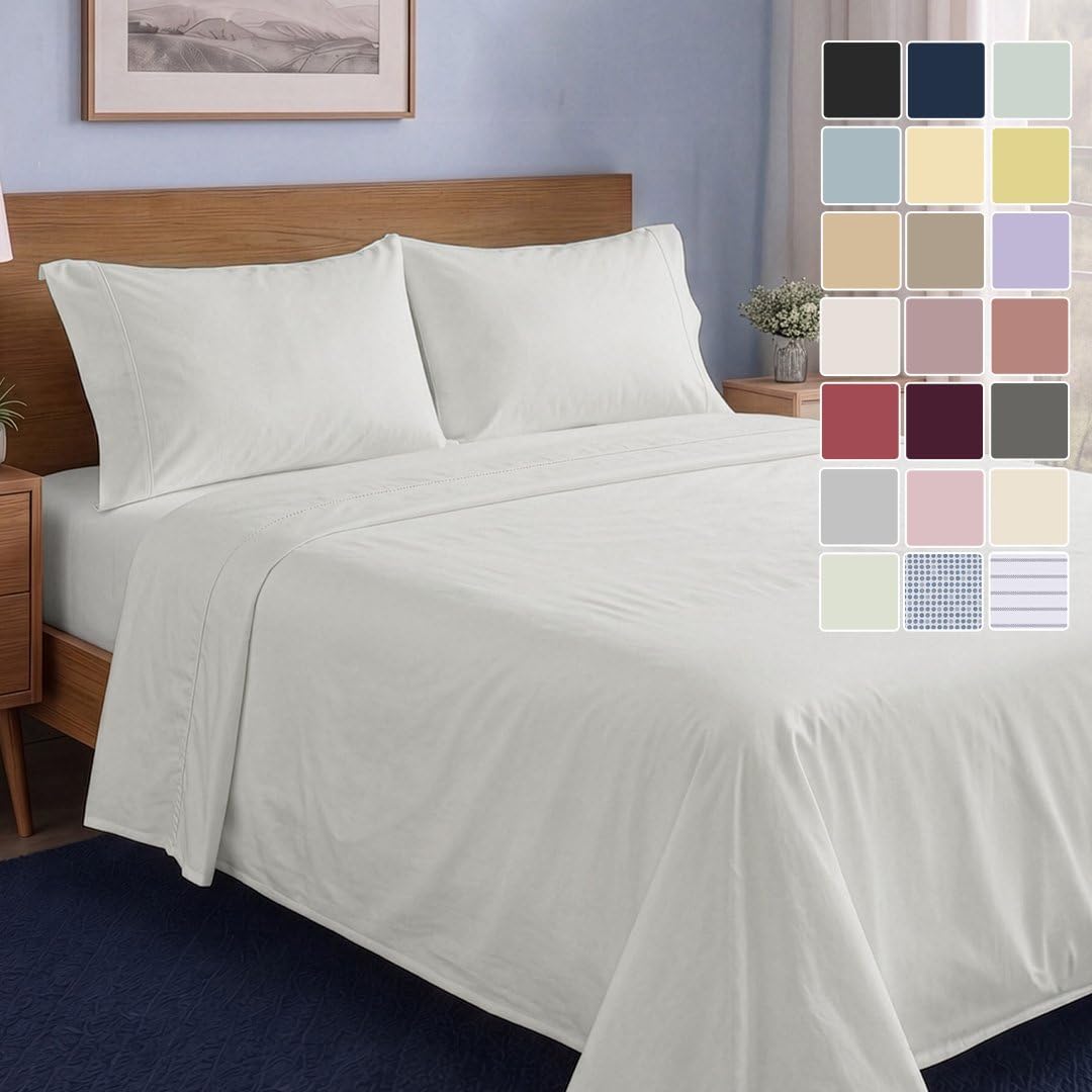 LANE LINEN Queen Sheets 100% Organic Cotton 4pc Percale Cooling - White