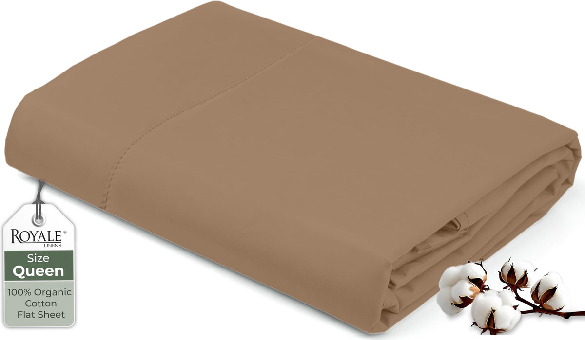 Royale Linens 100% Organic Cotton Queen Flat Sheet Only - Super Soft - Percale Top Sheets - Queen Flat Sheet Sold Separately - Breathable, Cool & Crisp White Sheets Only (90" x 102", White)