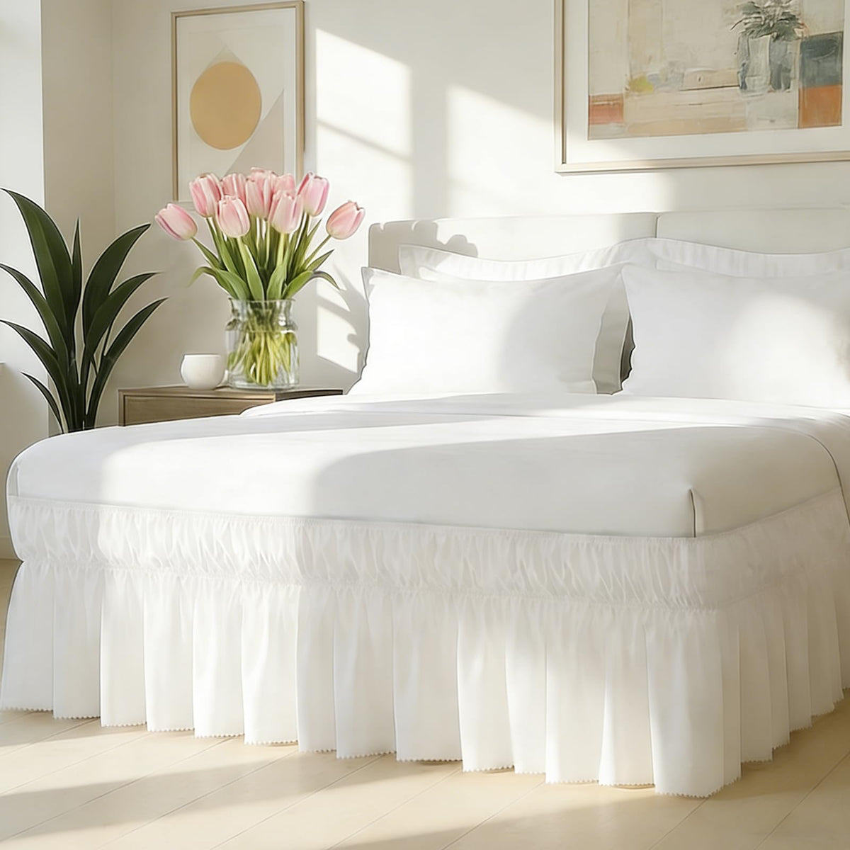 Queen Bed Skirt with Elastic Strap, Ruffle Bed Skirting Queen Size 16" Drop