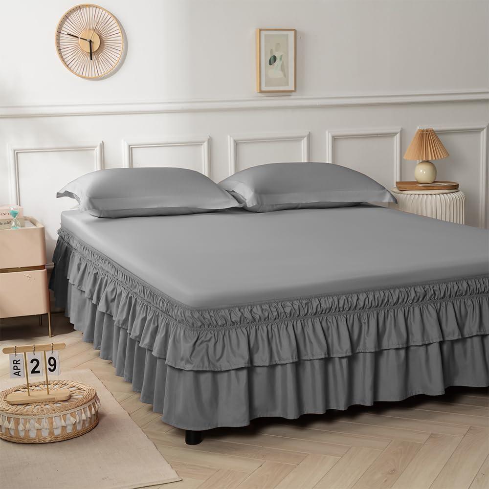 Double-Layered Ruffled Bed Skirt,Brown,Full/Queen, 14" Drop