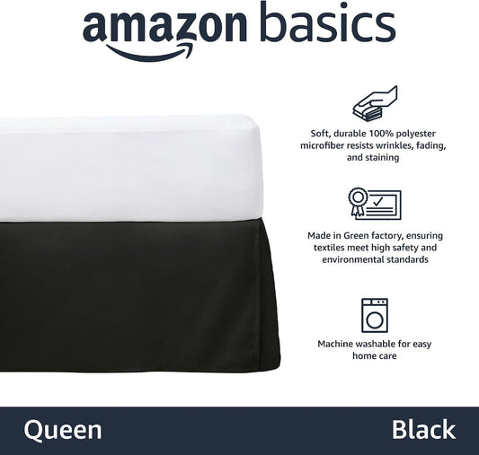 Amazon Basics Lightweight Pleated Bed Skirt, Machine Washable, Wrinkle and Fade Resistant, Queen, Black