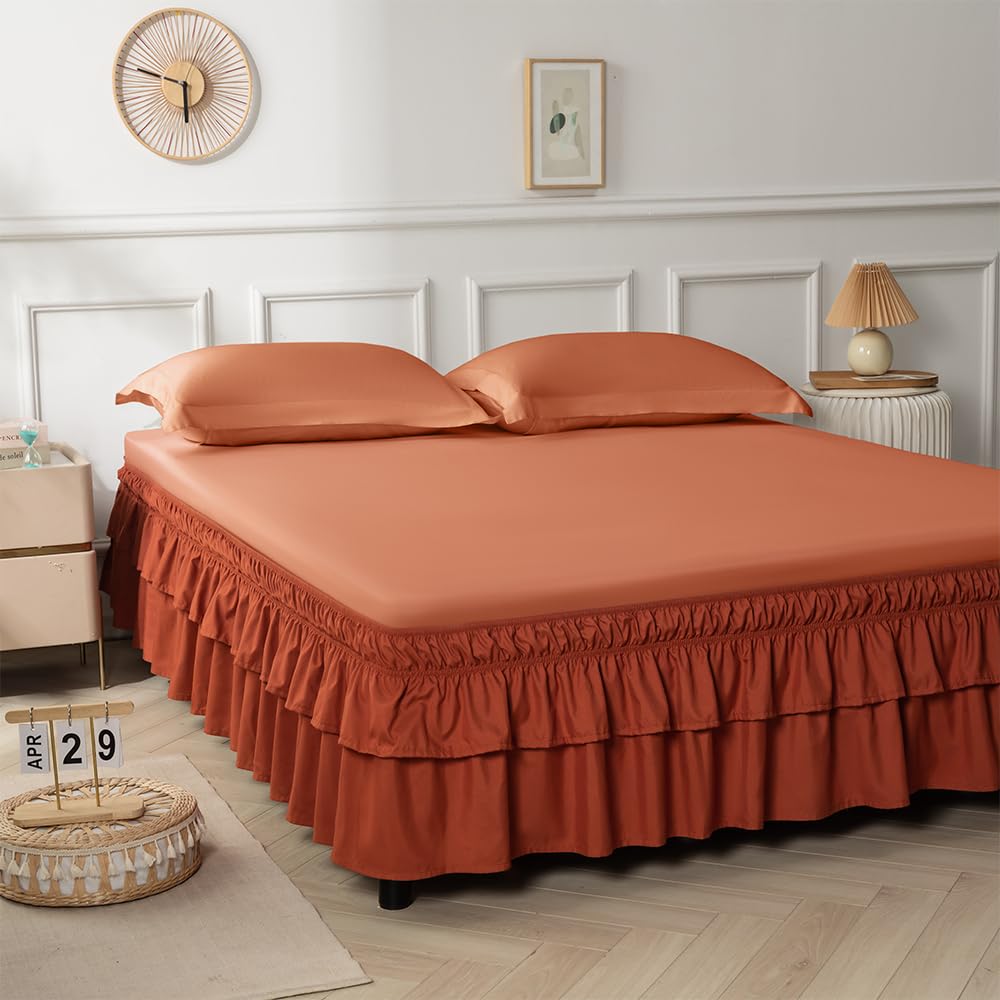 Double-Layered Ruffled Bed Skirt,Brown,Full/Queen, 14" Drop