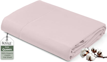 Royale Linens 100% Organic Cotton Queen Flat Sheet Only - Super Soft - Percale Top Sheets - Queen Flat Sheet Sold Separately - Breathable, Cool & Crisp White Sheets Only (90" x 102", White)