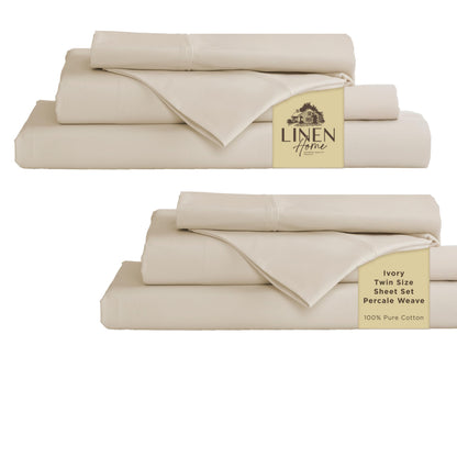 Linen Home 100% Cotton Percale Sheets Queen Size 4 Pc Cooling Set - White